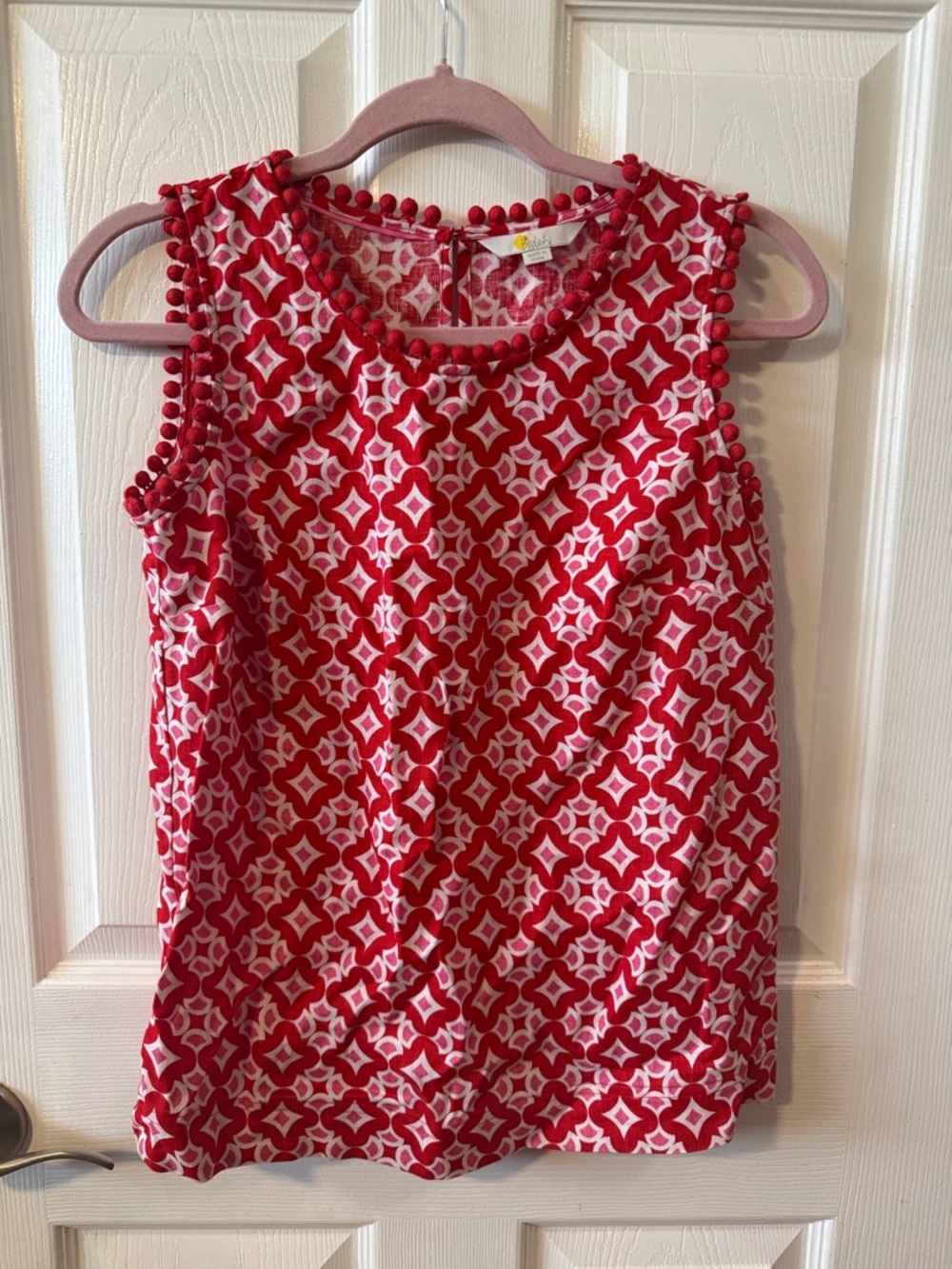 Boden Red and White Pom-Trim Sleeveless Geometric Print Top